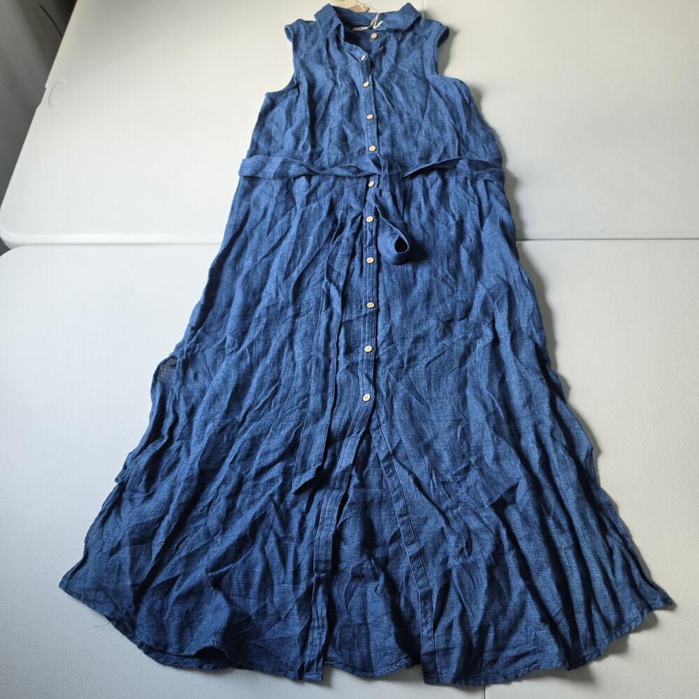 Faherty Shirt Dress Womens S Blue Linen Sleeveless Maxi Button Front Belted